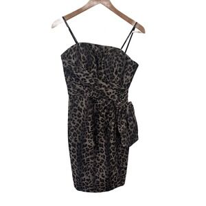 Maggy London Leopard‎ Print Cocktail Dress Grey Black Ruched Side Bow Size 4